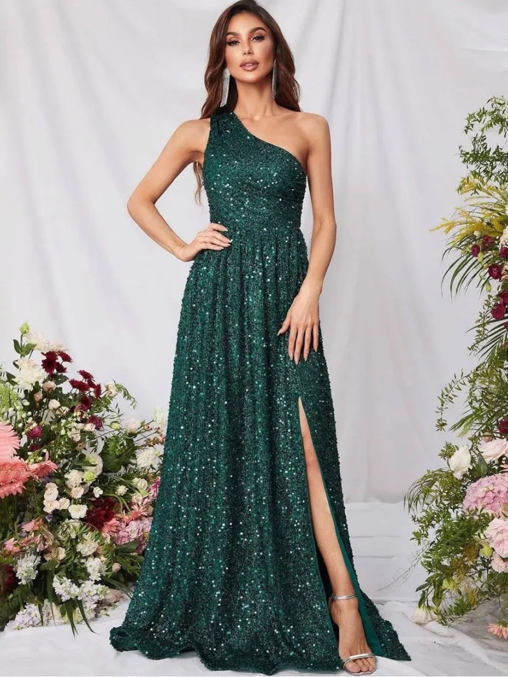 Faeriesty Elegant Green Sequin One Shoulder A Line Dresses